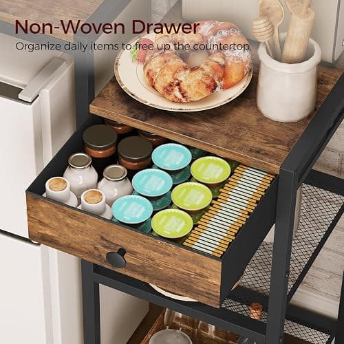 MAHANCRIS Mini Fridge Stand, Bakers Rack with Storage, 6-Tier Mini Fridge Cabinet, Coffee Bar Station with 1 Drawer, Microwave Stand for Kitchen, Dining Room, Rustic Brown and Black RSHR5401 thumbnail 4
