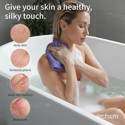 ARCH&M Exfoliating Washcloth (3 Pack), Japanese Body Scrubber for Shower, Long Nylon Towel for Back, Korean Exfoliation for Glowing Skin (Gray Black Off-White) thumbnail 3