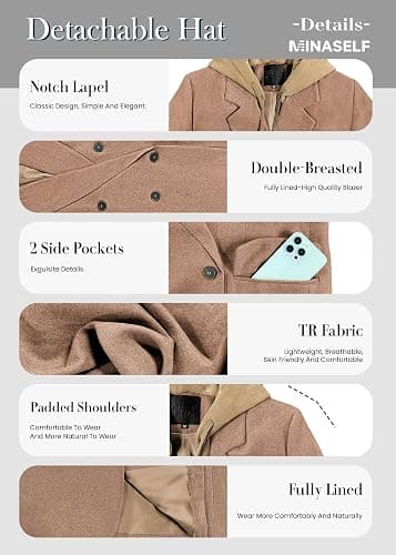 Mina Self 2026 Fall Women's Hooded Blazer Jacket Oversized Business Casual | Long,Double-Breasted,Full-Lined,Open Front,Long Sleeve, Lapel, Dressy Suits,Work Office Outfits With Pocket,Capsule Wardrobe thumbnail 6
