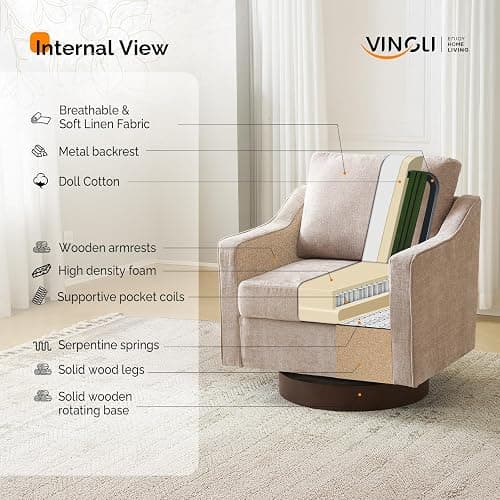 Bonnlo 360° Swivel Armchair, Comfy Accent Chair, Thick Cushion Tub Chair | Mid-Century Armchair with Pillow & Walnut Base, Comfortable Armchair for Living Room, Apartment, Office, Khaki thumbnail 5