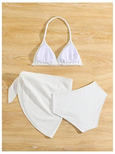 SHENHE Girl's 3 Pieces Halter Triangle Bikini Sets Spaghetti Strap Swimsuit Smocked Bathing Suit with Beach Skirt - 10 Years - White thumbnail 2