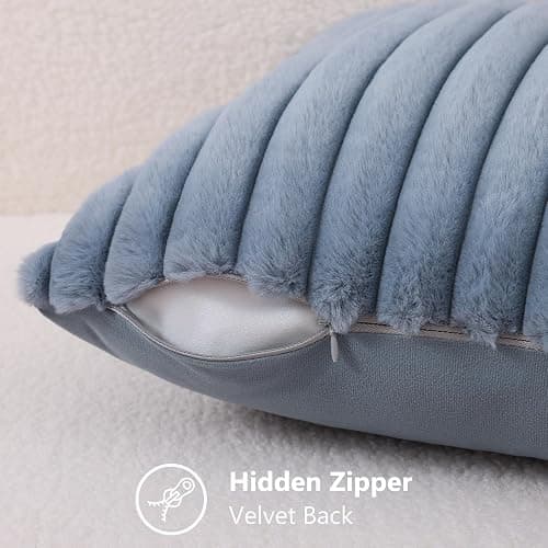 decorUhome Fall Cozy Faux Fur Throw Pillow Covers 16x16 Set of 2 Decorative Soft Plush Striped Modern Farmhouse Boho Couch Pillow Cases with Velvet Back for Sofa Bed Living Room, Grey Blue thumbnail 3