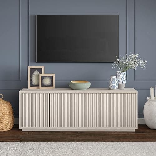 Henn&Hart Fluted TV Stand for TVs up to 75" with 2 Concealed Ribbed Storage Cabinets and Adjustable Shelves for Living Room, Family Room, or Office, Beech White - Image 1