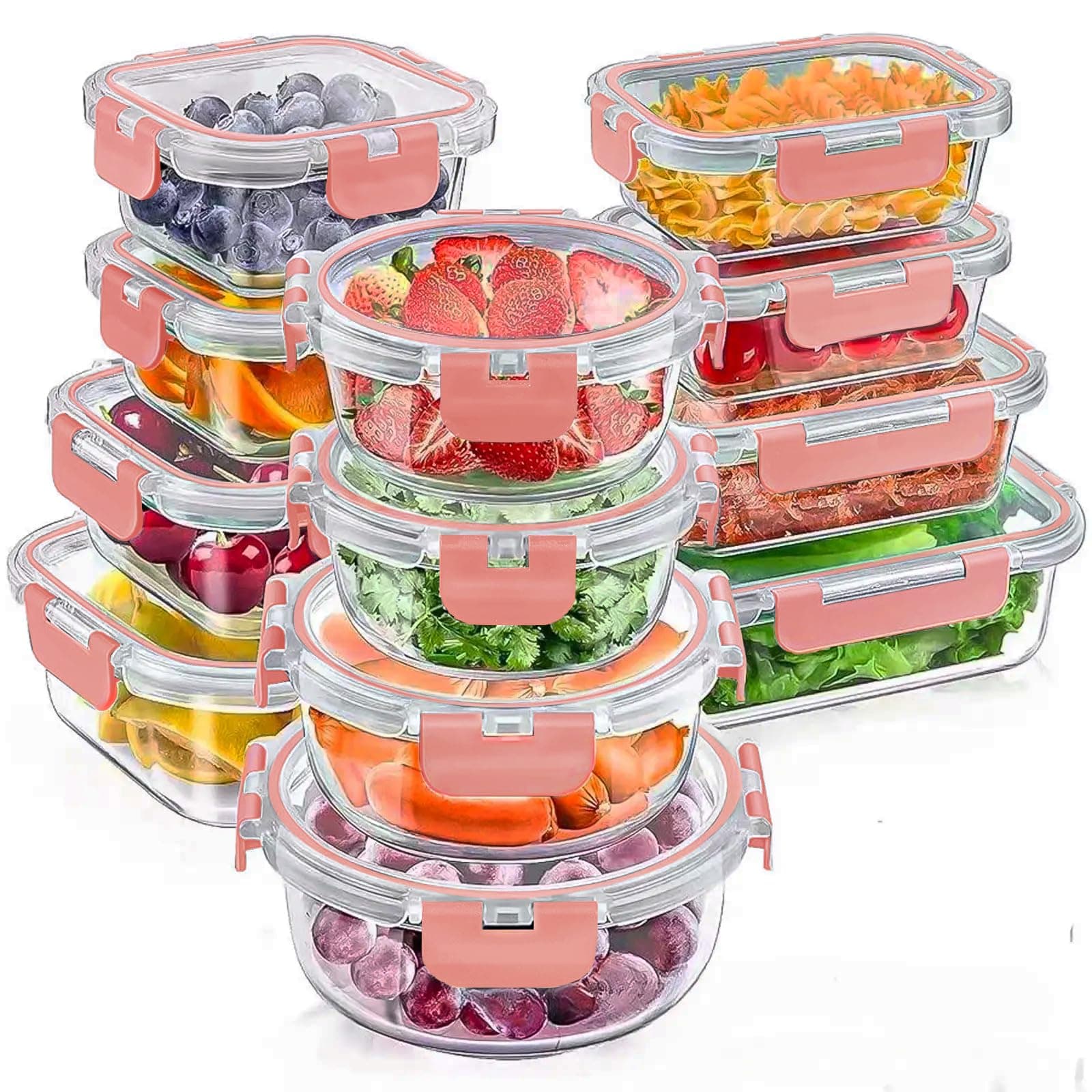 stusgo 12 Pack Glass Food Storage Containers with lids, Airtight Leak Glass Meal Prep Glass Containers, 3 Size Lunch Glass Containers, BPA Free，Reusable for Kitchen Organization (12Pcs pink) - 12 pack - pink - Image 1