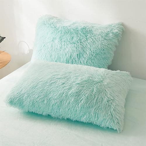 FOPPA Green Comforter Cover Set - Ultra Soft Plush Bedding Set (1 Faux Fur Duvet Cover + 2 Faux Fur Pillow Cases) Mint Green, Queen thumbnail 6