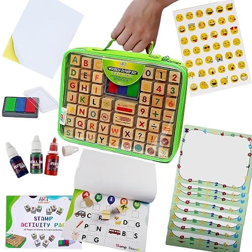 Large Wooden Stamp Premium Set for Kids. 72 Pcs Alphabet Stamps. Letters, Numbers, 3-Color Washable Ink Pad, 3 Refill Bottles, Activity Book. Ideal Creativity Kit - Image 1