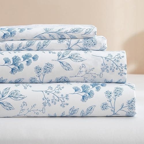 3 Piece Bed Sheets Set Twin Sheets White - Extra Soft Blue Floral Deep Pocket 16" - Luxury Soft Sheet & Pillowcase Set - Wrinkle & Shrink Resistant Cooling Sheet for Twin Size Bed - Image 1