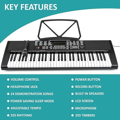 Crystals® 61 Keys Electronic Teaching Keyboard Digital Music Piano Instrument & Microphone - Black thumbnail 2