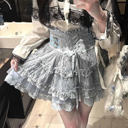 Cuteighteen Lolita Ruffle Short Skirt Women Teens Japanese Y2k Kawaii Elastic High Waisted Lace Up Tiered Flowy Cute Skirts thumbnail 4