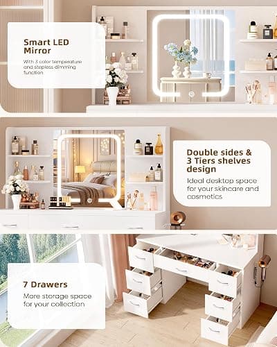 LIVELYGLOW 43" Large White Makeup Vanity Desk with Charging Station | Smart LED Mirror, Hairdryer Holder, 7 Drawers, 4 Shelves thumbnail 9