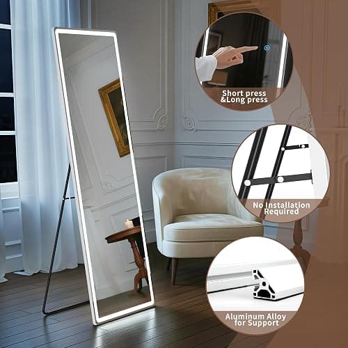 64"x21" Full Length Mirror with LED Lights, Mirrors with Dimming & 3 Color, Full Body Mirrors with Aluminum Alloy Thin Frame for Bedroom, Dressing Room thumbnail 3