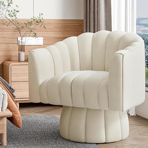 Dewhut Accent Chair Mid Century 360 Degree Swivel Chair,Modern Lounge Sofa Round Barrel Chair with Wide Upholstered,Fluffy Velvet Fabric Chairs for Home Sofa Living Room/Bedroom/Waiting Room (Beige) thumbnail 2
