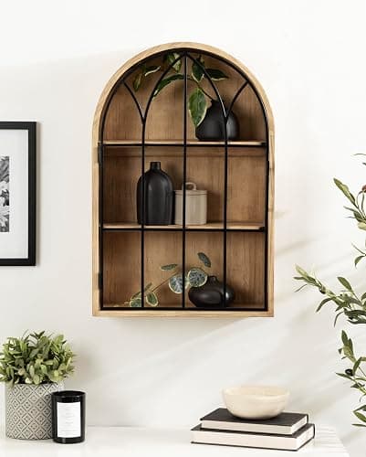 Kate and Laurel Megara Decorative Wooden Hanging Arched Wall Cabinet with Door for Open Storage; 16 x 5 x 24; Natural Wood and Black; Wooden Floating Wall Bathroom Cabinet for Above Toilet Storage thumbnail 5