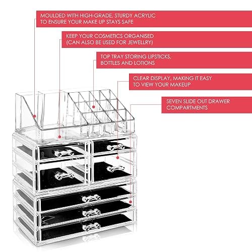 Glamsmacked Professional Clear Acrylic Cosmetic Organiser with Sliding Drawers and Top Storage Tray – Make-Up Organisation - Ideal Valentines Gift for Her (7 Drawer) thumbnail 5