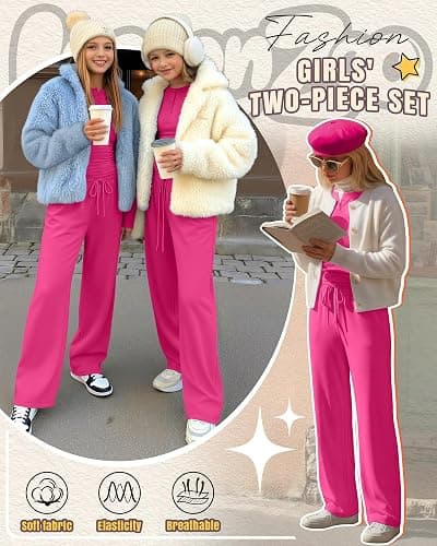 LessonZoo Girls 2 Piece Outfits Lounge Sets Long Sleeve Ruched Knit Henley Neck Fitted Tops Straight Leg Pants with Pockets thumbnail 4