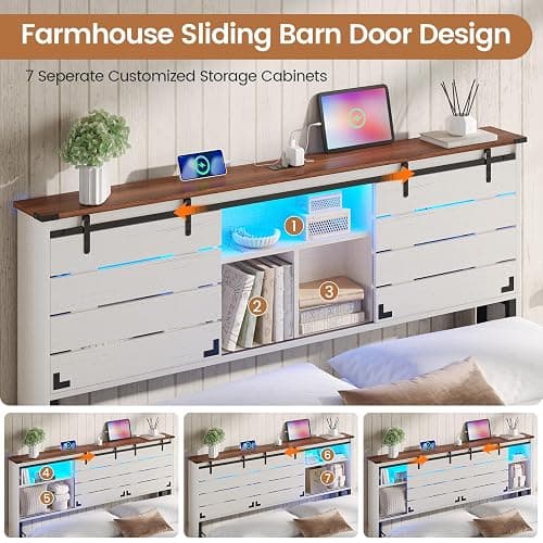 VIAGDO Wooden Bed Frame Full Size with Bookcase Headboard and Sliding Barn Door, Farmhouse Bed Frame Full Size with Charging Station, LED Lights and 4 Storage Drawers, No Box Spring Needed, White thumbnail 3