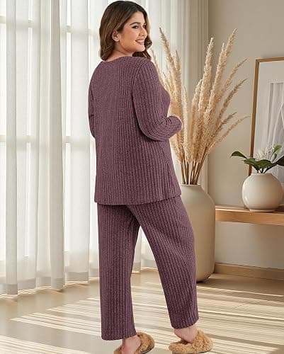 ZHUHOUSE Womens Plus Size Lounge Pajamas 2 Piece Pj Sets Soft Long Sleeve Ribbed Tops Wide Leg Pants with Pockets thumbnail 6