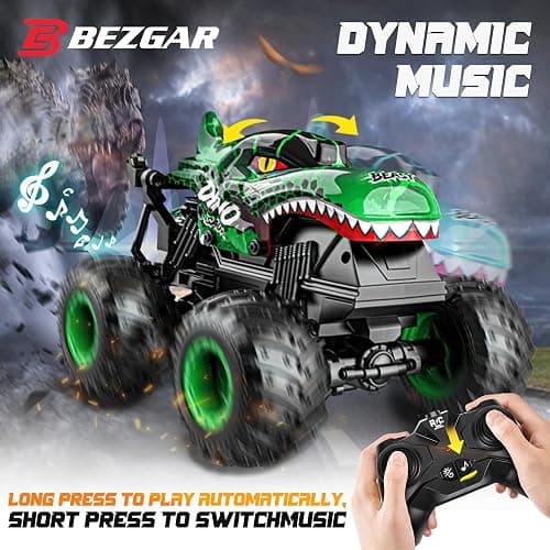 BEZGAR Monster Truck Toys，1:20 Remote Control Car with Light & Music | Green Dinosaur Toys for Kids,RC Truck with 360° Spins and Drifting, Toy Car Gifts for Boys, Battery Life of 20 Minutes thumbnail 6