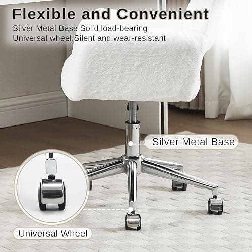 HJY Faux Fur Swivel Desk Chair, Makeup Vanity Chair with Silver Base, White | HENGJIANYI Modern Height Adjustable Fluffy Armchair Ergonomic 360° Swivel Office Chair with Hollowed Back thick cushion thumbnail 6