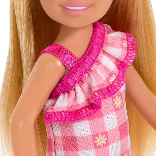 Barbie Chelsea Doll, Small Doll Wearing Removable Checked Dress & Pink Shoes with Blonde Hair & Blue Eyes thumbnail 3