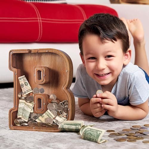 Summidate Large Wooden Piggy Bank for Kids Adults, Alphabets Letter A-Z Piggy Bank for Boys Girls, Coins Bills Change Bank Box Personalized Initial Name Kids Money Bank for Birthday Present and Decor thumbnail 2