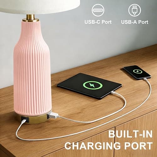 USumkky 24.5" Modern 3-Way Dimmable Touch Control with 5FT Cord & USB A+C Ceramic Lamps Set of 2 Table Lamp for Living Room Bedroom Farmhouse Nightstand Bedside Pink thumbnail 4