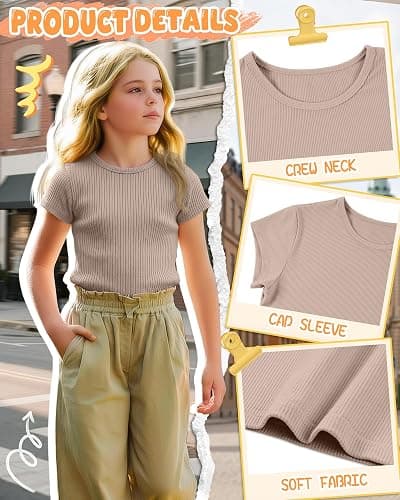 YooAurvox 4 Pack Girl's Basic Ribbed Tees Tops | Girl's, Basic, Ribbed, Tween, Teens, Summer, Cap Sleeve, Slim Fit, Cute, Casual, Daily Wear thumbnail 4