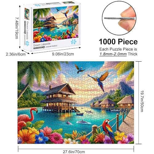 Rocorose 1000 Piece Family Jigsaw Puzzle for Adults, Parrot Flamingo Dolphin Animal Puzzle, Challenging Lakeside Sea Scenic Tropical Islands Puzzle Game Home Decor thumbnail 2