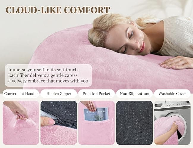 WSOFRLAC 3FT Bean Bag Chair, Comfy Bean Bag Chairs for Adults, Luxury Velvet Memory Foam Stuffed Beans Bags with Removable Cover, Adult Beanbag Chair with Filler for Living Room, Bedroom, Pink thumbnail 4