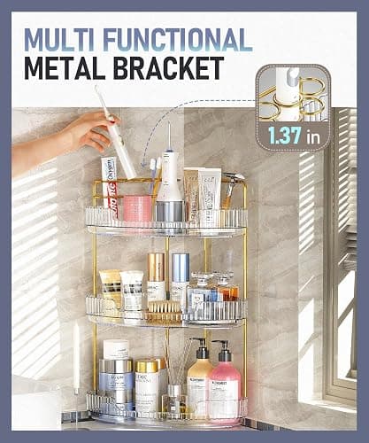 EUHOME 3-Tier Corner Bathroom Counter Organizer Makeup Cosmetic Storage, Tool-Free Installation Acrylic Vanity Shelf, Countertop Storage Organizers Perfume Tray for Bathroom, Dresser, Kitchen (Clear) - Clear - 9" x 9" x 20.5" thumbnail 5