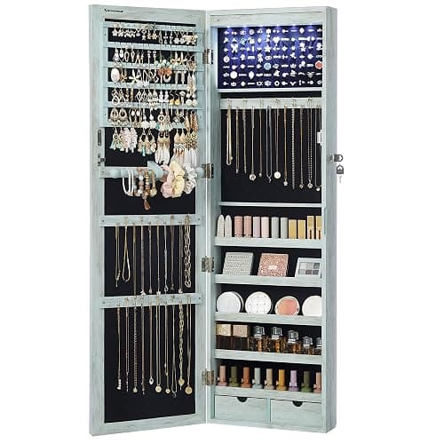 SONGMICS 6 LEDs Mirror Jewelry Cabinet, 47.2-Inch Tall Lockable Wall or Door Mounted Jewelry Armoire Organizer with Mirror, 2 Drawers, Christmas Gift, 3.9 x 14.6 x 47.2 Inches, Rustic Green thumbnail 2