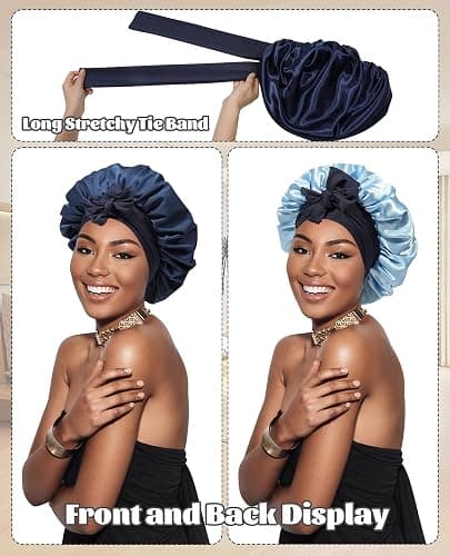 Satin Bonnet Silk Bonnet for Sleeping Silk Sleep Cap Double Layer Hair Bonnet with Elastic Tie Band for Curly Hair Night Cap (Navy Blue + Light Blue) thumbnail 2