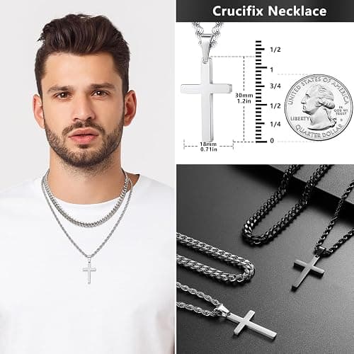Romass 4Pcs Cross Necklace for Men Teen Boys,Stainless Steel Chains for Men Layered Necklaces Silver Gold Black Pendant Jewelry Box Gifts 18-24 Inches thumbnail 5