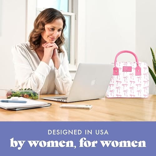 Fit & Fresh Bloomington Lunch Bag for Women - Insulated Large Lunch Box for Work with Containers, Leak-Resistant, Stain-Resistant, Zipper Closure, Pink Bows thumbnail 6