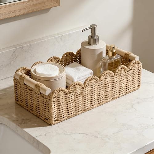 Scalloped Edge Bathroom Counter Organizer Basket with Wooden Handles, Khaki Paper Rope Toilet Tank Top Basket, Toilet Paper Storage Basket for Vanity, Shelves – 14" x 6.3" x 3.9" thumbnail 4