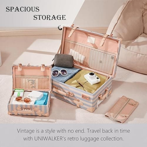UNIWALKER Vintage Carry on Luggage Set, 2 Piece Retro Spinner Trunk Suitcase with Cosmetic Train Case for Women, 20"+12", Blue Strip thumbnail 4