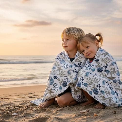 Coastal Ocean Beach Throw Blanket: Soft Plush Velvet Fleece Seashells Hues of Blue Grey on White Accent for Couch or Bed, Colored: Blue Gray Taupe White, 50" x 70" thumbnail 2