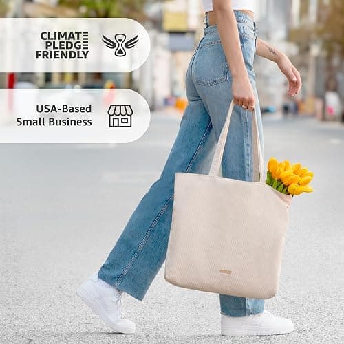 VANDEL Corduroy Tote Bag for Women and Men with Zipper and Inner Pockets. Cute School Tote Bag with Zipper, Aesthetic thumbnail 3