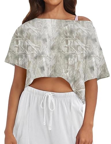 MISSACTIVER Oversized Off The Shoulder Top for Women Short Sleeve Boat Neck Crop Tee Loose Summer Workout Shirt - Image 1