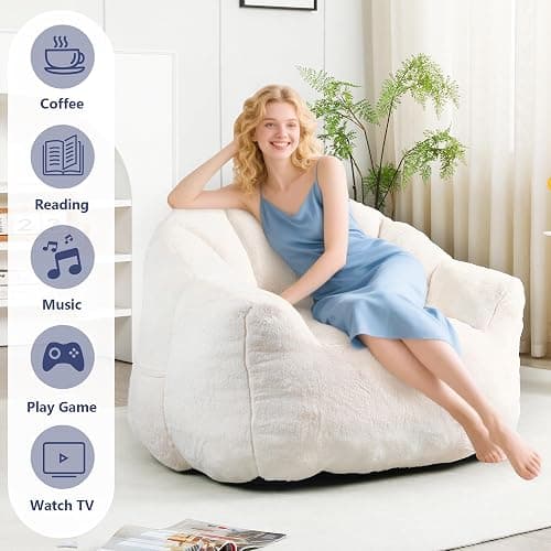 mikibama 41.4" Bean Bag Chair with Arms,Comfy Faux Fur Boneless Beanbag Chairs for Adults and Kids, Channel Tufted Lazy Floor Sofa Chair for Living Room Apartment,Bedroom Dorm(Beige) thumbnail 4