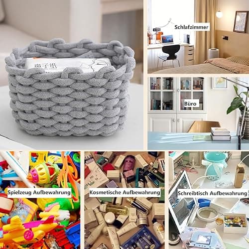 2er Set Aufbewahrungskorb Geflochten Baumwolle Strickkorb, Korb Aufbewahrung Klein Körbchen Wickeltisch Organizer, Dekorative Quadratische Speicher Regalkörbe Für Schminke Socken Spielzeug (Weiß) thumbnail 8