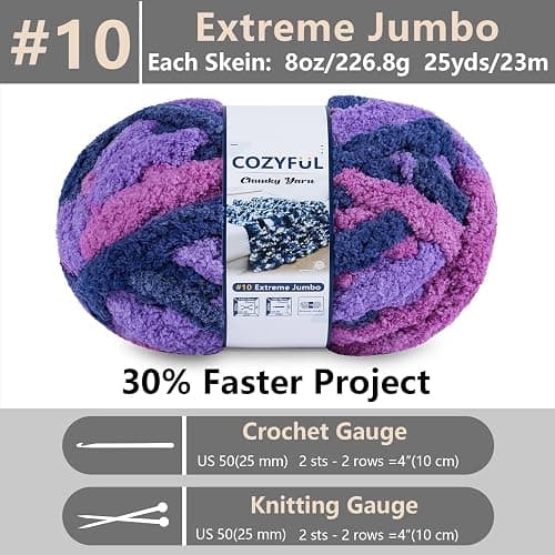 Cozyful Chunky Yarn for Hand Knitting - #10 Chunky Chenille Blanket Yarn, Jumbo Big Thick Chunky Yarns for Crocheting, Tie Dye Bulky Knit Yarns, 8 Skein (25 yds 8 oz Each Skein), Multi Purple thumbnail 3
