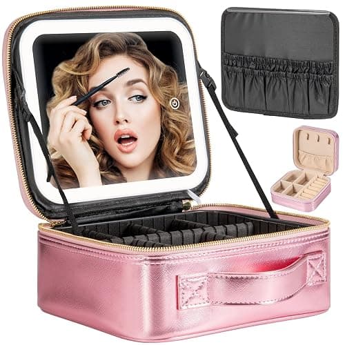 Extrei Gent Makeup Travel Train Case with Mirror LED Light 3 Adjustable Brightness Large Cosmetic Bag Portable Storage Adjustable Partition Waterproof Makeup Brushes Make up Jewelry Gift for Women - Roses - Image 1