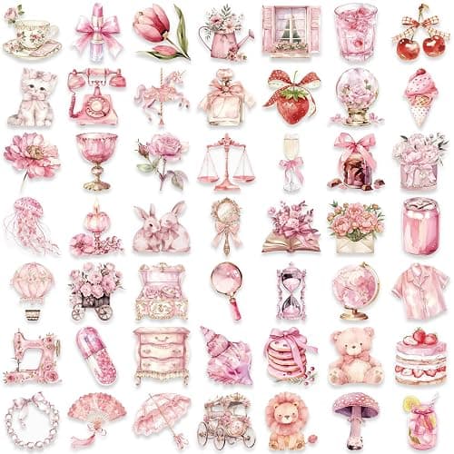 50pcs Transparent Pink Aesthetic Stickers,Vintage Coquette Sticker Girl's Love Waterproof PET Sticker for Scrapbook Journaling Photo Album Collage Card Girl's Romantic Stickers for Girl and Woman thumbnail 7