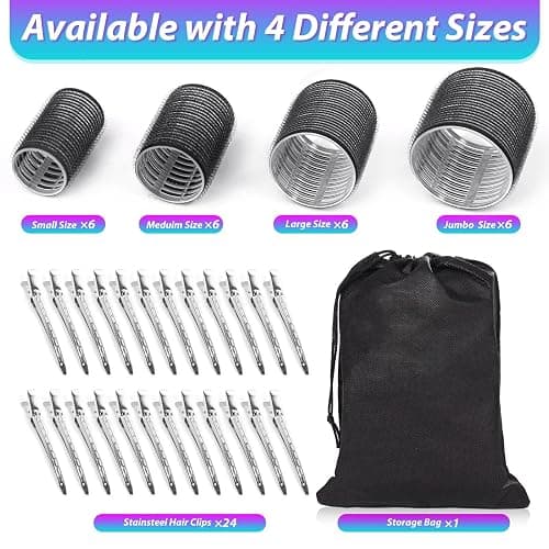 Hair Curlers Set with 24 Rollers (6 Jumbo, 6 Large, 6 Medium, 6 Small) and 24 Clips for All Hair Lengths (Black) thumbnail 2