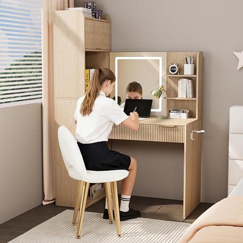 Royal Windsor Makeup Vanity Desk with Mirror and Lights, Corner Vanity Desk, 3 Color Touch Screen Led Mirror, High-Capacity Storage, Girls Vanity Combo，Natural Oak thumbnail 7