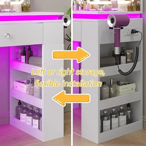 HuaYing White Vanity Desk with Illuminated Mirror & Power Outlet, Bedroom Dresser LED Mirror Stepless Dimmable & 3 Color Modes Adjustable RGB Drawers, for Women Girls Bedroom（Pure White thumbnail 7