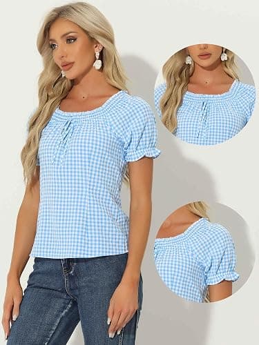 Allegra K Summer Gingham Tops for Women's Plaid Peasant Round Neck Ruffles Cute Puff Sleeve Tops thumbnail 4