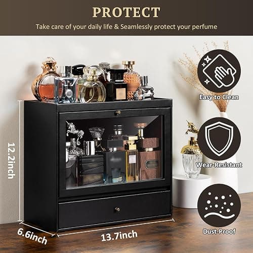 Emfogo Cologne Organizer, Leather Perfumes Organizer for Dresser, Large Capacity Dustproof Cologne Holder with Drawer Storage Perfume Stand Organizer, Ideal Gift for Loved ones thumbnail 2