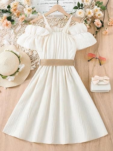 Floerns Girls Cold Shoulder Ruffle Trim Short Sleeve Belted A Line Midi Dress thumbnail 2
